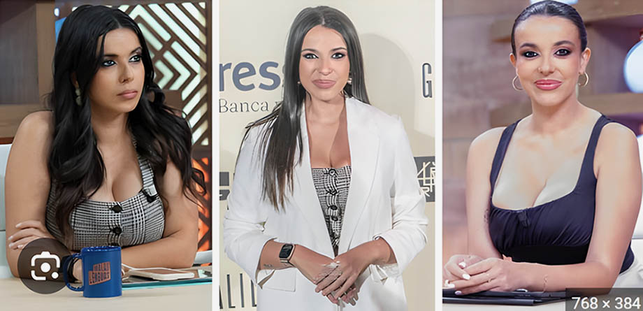 3 fotos de la comunicadora Sarah Santaolalla en programas de televisión .jpg